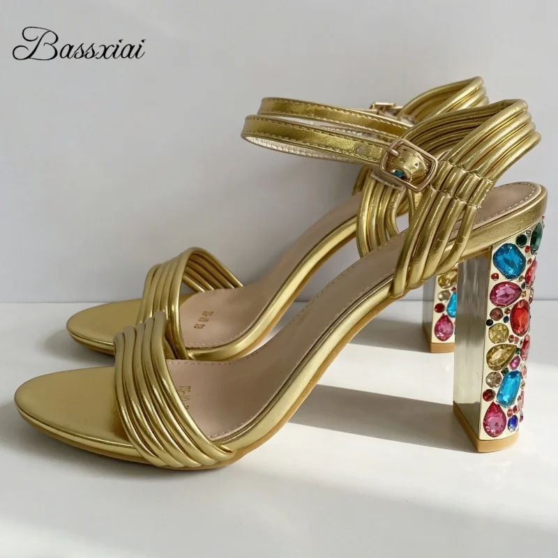 

Gold Narrow Band Ankle Strap Party Shoes Summer Colorful Rhinestone High Heel Concise Style Sandals Women