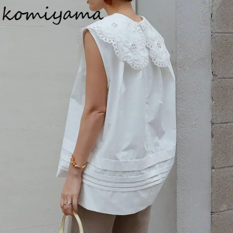 Komiyama High Level Hollow Out Lapel Neck Blouses Femme Japan Style Solid Sleeveless Blusas Mujer Loose Shirts Top Quality