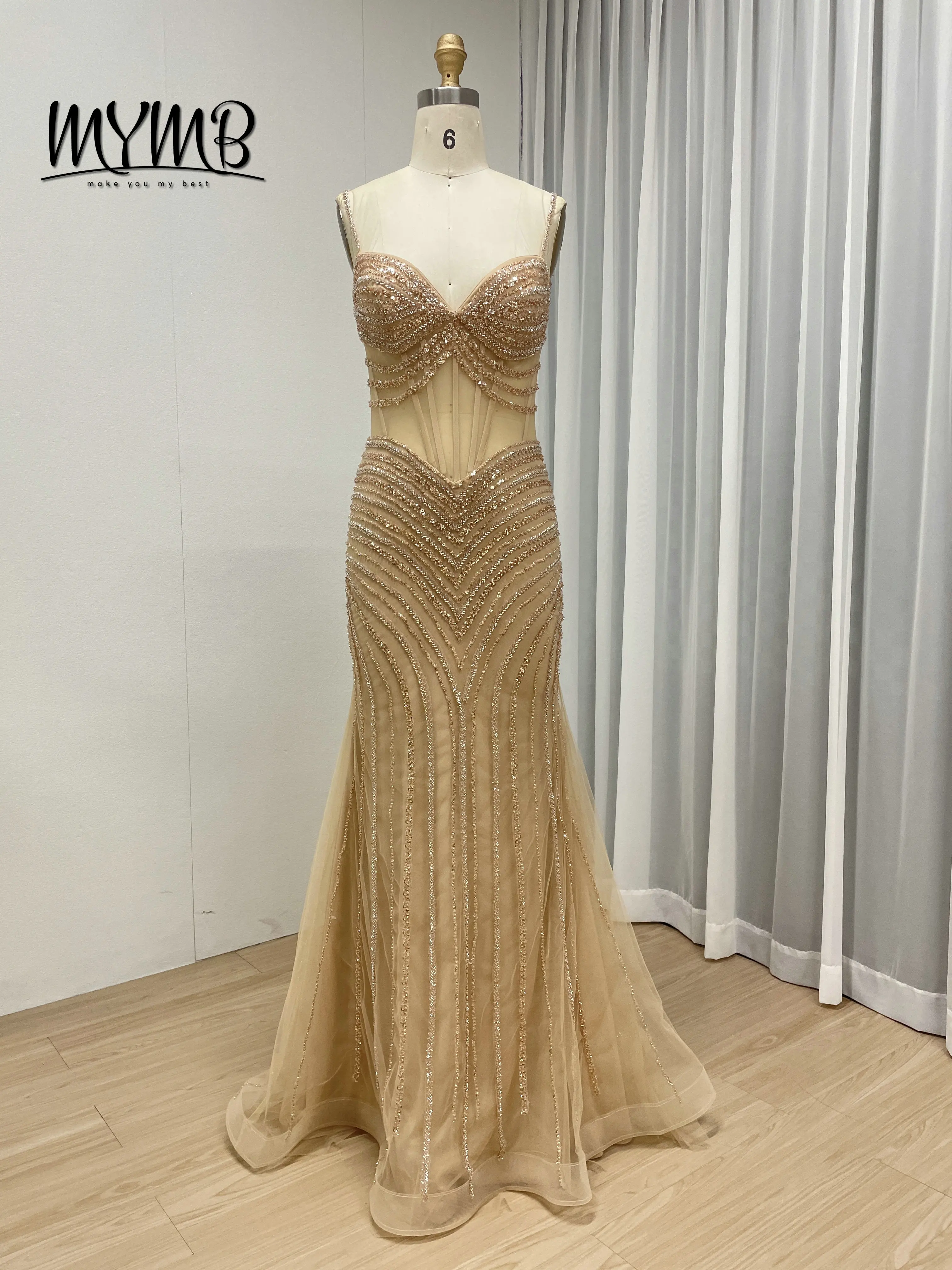 MYMB Sexy Sheer Waist Spaghetti Strap Golden Mermaid Prom Evening Gown With Sparkle Exquisite Beaded Embroidery Sequin MC20075B - view 3