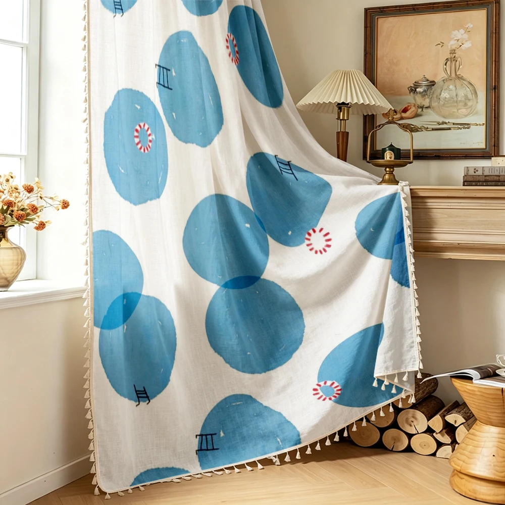 1PC Cartoon Tassel Sheer Curtains, Blue Circle Pool Float, Digital Print, Linen Polyester, Bedroom Kids Room, Home Decor