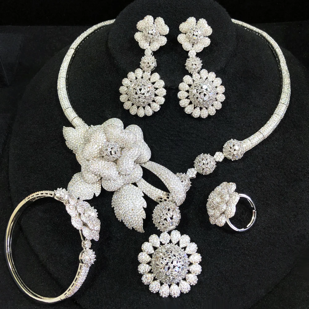 GODKI 4PC BIG Flower Leaf Luxury African Jewelry Set For Women Wedding Party Naija Bride Necklace Dubai Bridal Dress Jewelry Set