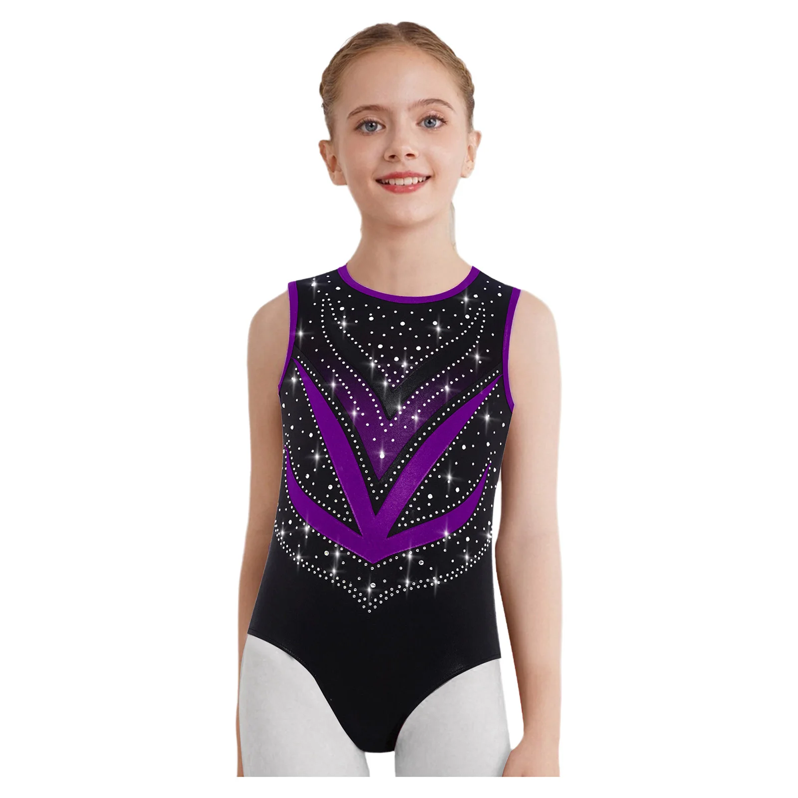 Roupa de ginástica infantil para meninas, 4 unidades, sem mangas, costas cruzadas, malha, patchwork, strass brilhantes, collant + shorts + leggings + faixa de cabelo