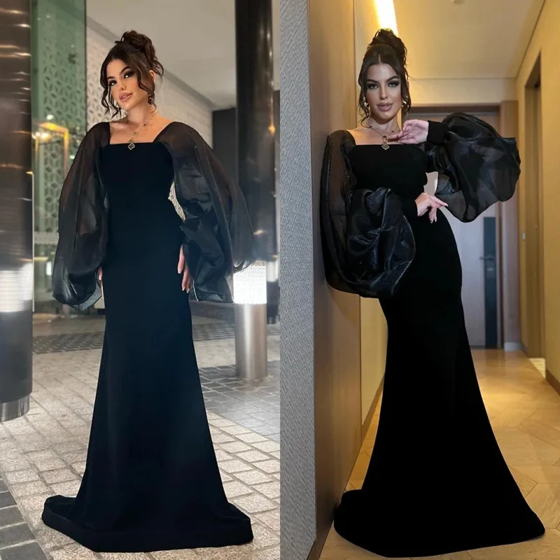 Aleeshuo Morden Black Long Sleeves Mermaid Evening Dresse Pleat Square Collar Backless Party Prom Evening Gowns Robe soirée 2024