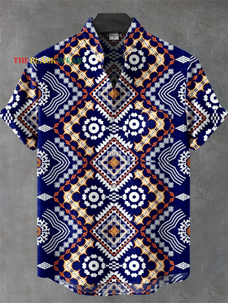 قميص رجالي كتان مطبوع هندسي ثلاثي الأبعاد بأكمام قصيرة نمط فني مريح عالي الجودة، أزرار صيفية #1