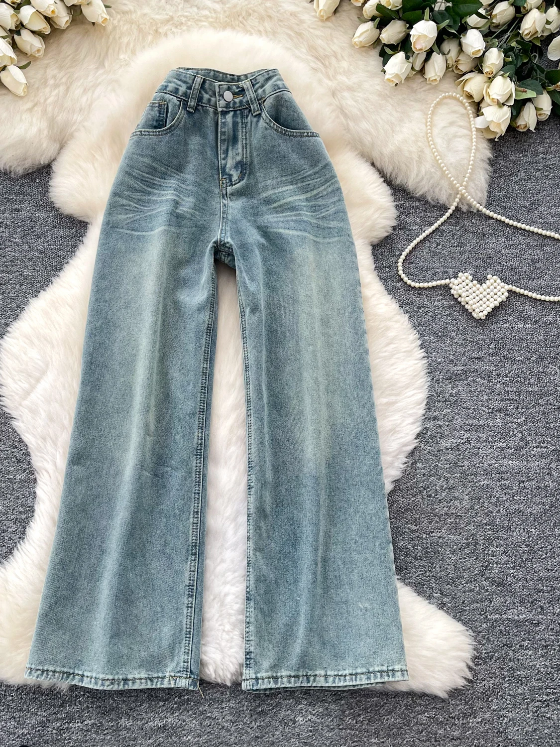 

Retro High Waist Simple Drapey Denim Wide Leg Pants Women's Loose Slimming Commuter Versatile Long Trousers Spring Summer