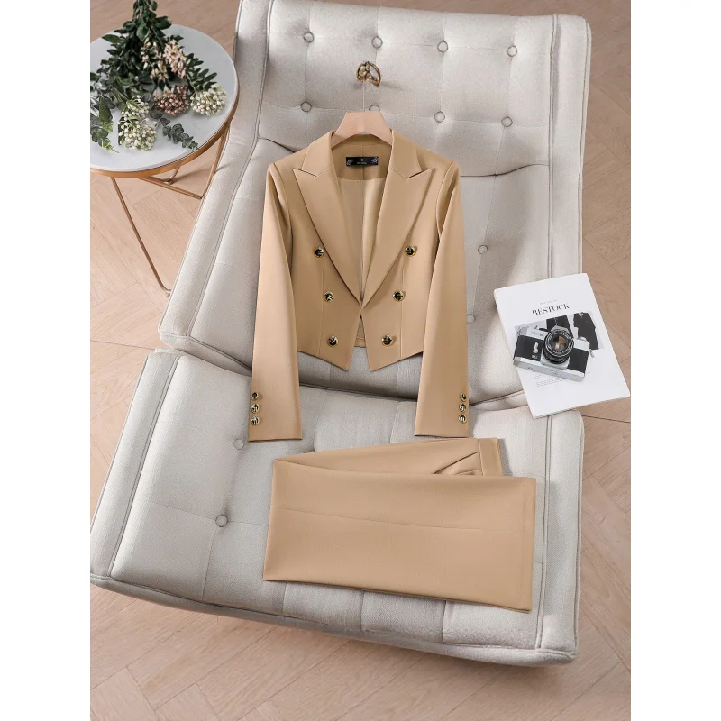 Spring and Autumn New Style Elegant Double-Breasted Women's Suit Set, Fashionable Short Professional Outfit, High-End Commuting