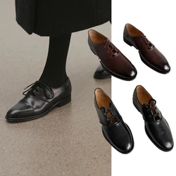 Withered British Style Lace Up Retro Loafers Women Derby Shoes Cowhide Genuine Leather Shoes Minimalistyczne płaskie buty 2024