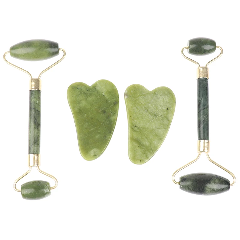 Natural Jade Massage Roller + Guasha Board SPA Scraper Stone Facial Massager Set