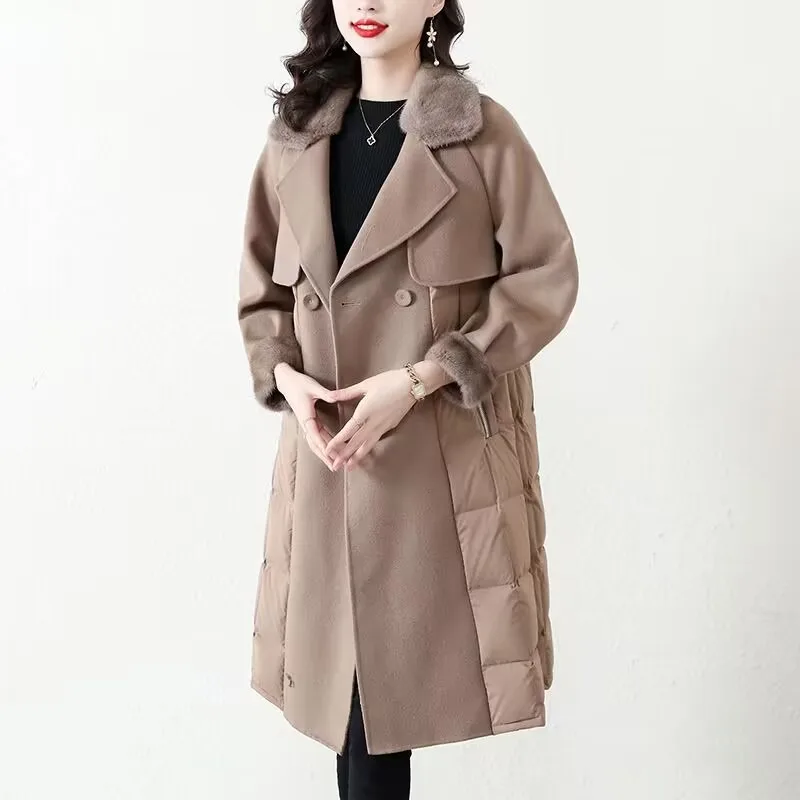 2023 Winter New Women Temperament Lapel Woolen Coat Long Below The Knee Design Patchwork Down Cotton Jacket Large Size Outwear