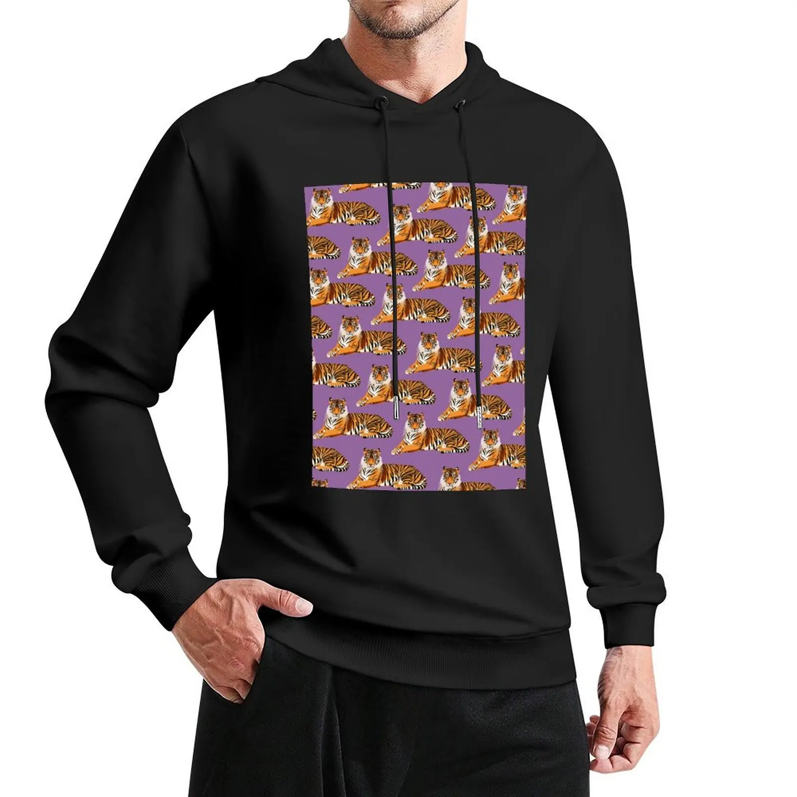 

Tiger Pattern on Purple Background Pullover Hoodie graphic t shirts men men's hoodie sweatshirt