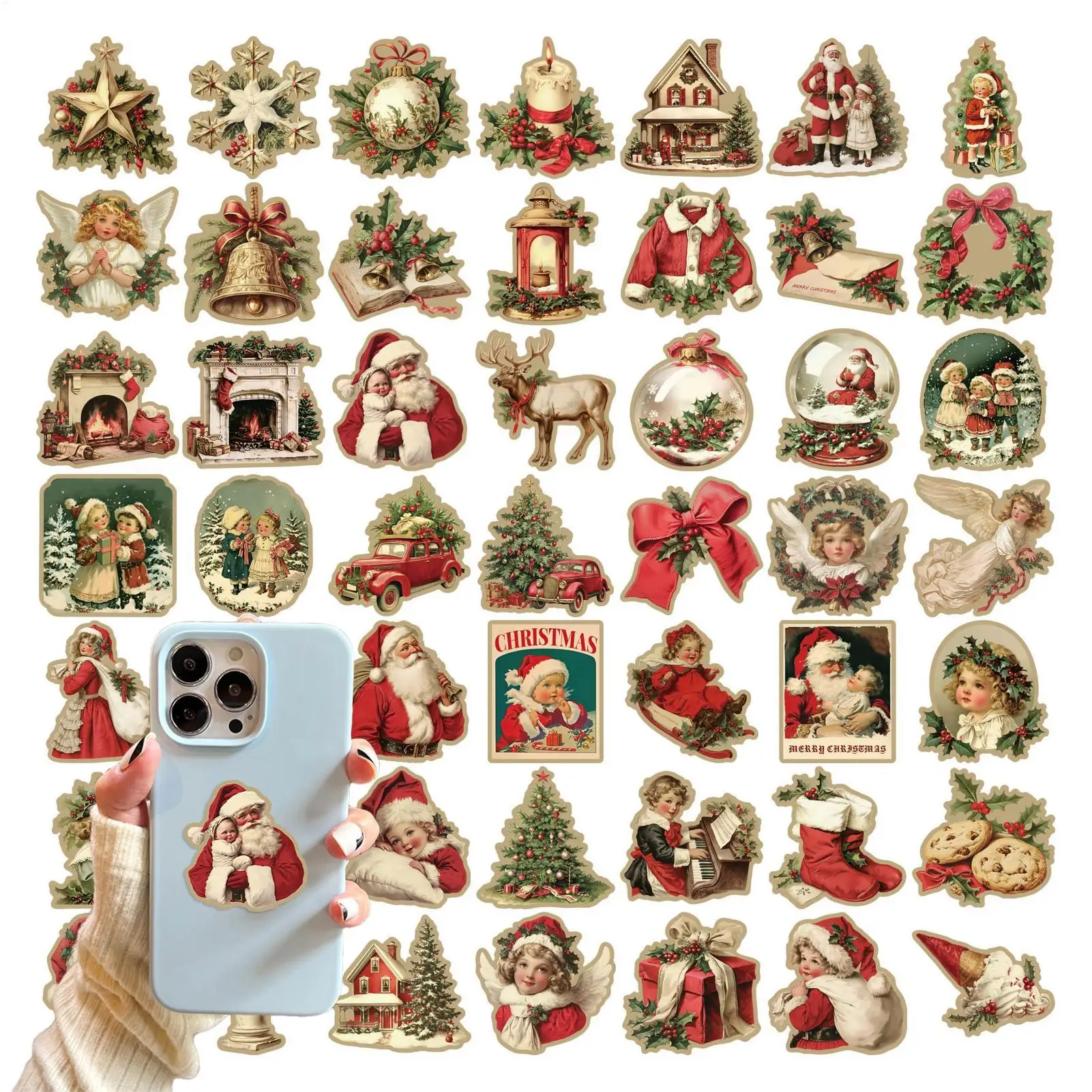 50 Stück Vintage Weihnachten Fensteraufkleber Frohe Weihnachtsmann, Weihnachtsbaum, Schneeflocken, Engel, Umschläge, Blumengirlandenaufkleber