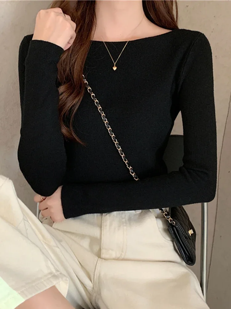2026 Winter Frauen strickwaren Pullover Slash Neck Dünne Gestrickte Pullover chic Grund Solide Jumper Weibliche Pullover Casual Jersey Tops