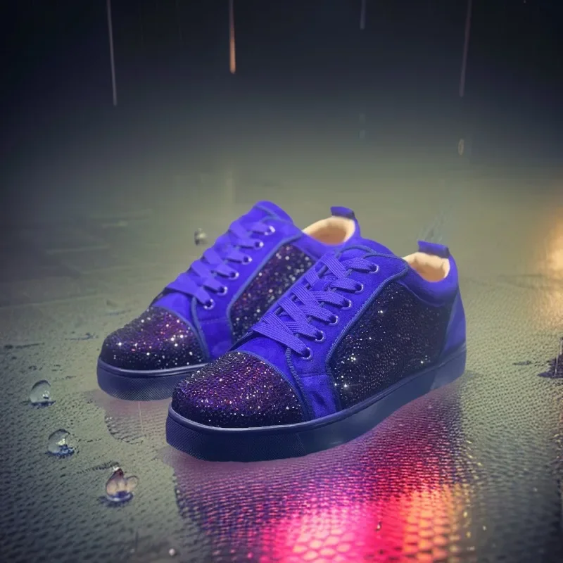 Fashion Low Cut Mens Luxury High Quality Trainers Driving Spiked Purple Blue Suede Genuine Leather Crystal Rivets Flats Sneaker