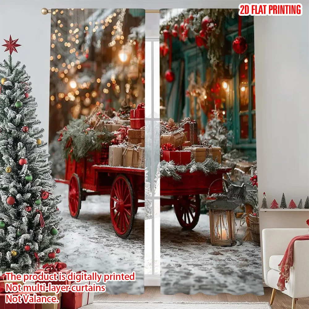 

2pcs 2D flat printing Christmas Party Curtain Red van and gifts_ Machine Washable Polyester Without Electricity Spring Perfect