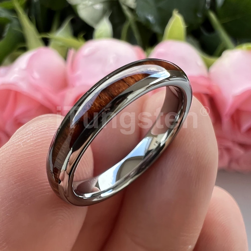 ITungsten 4mm Men Women Koa Wood Ring Nice Tungsten Wedding Band Domed Polished Trendy Jewelry Comfort Fit