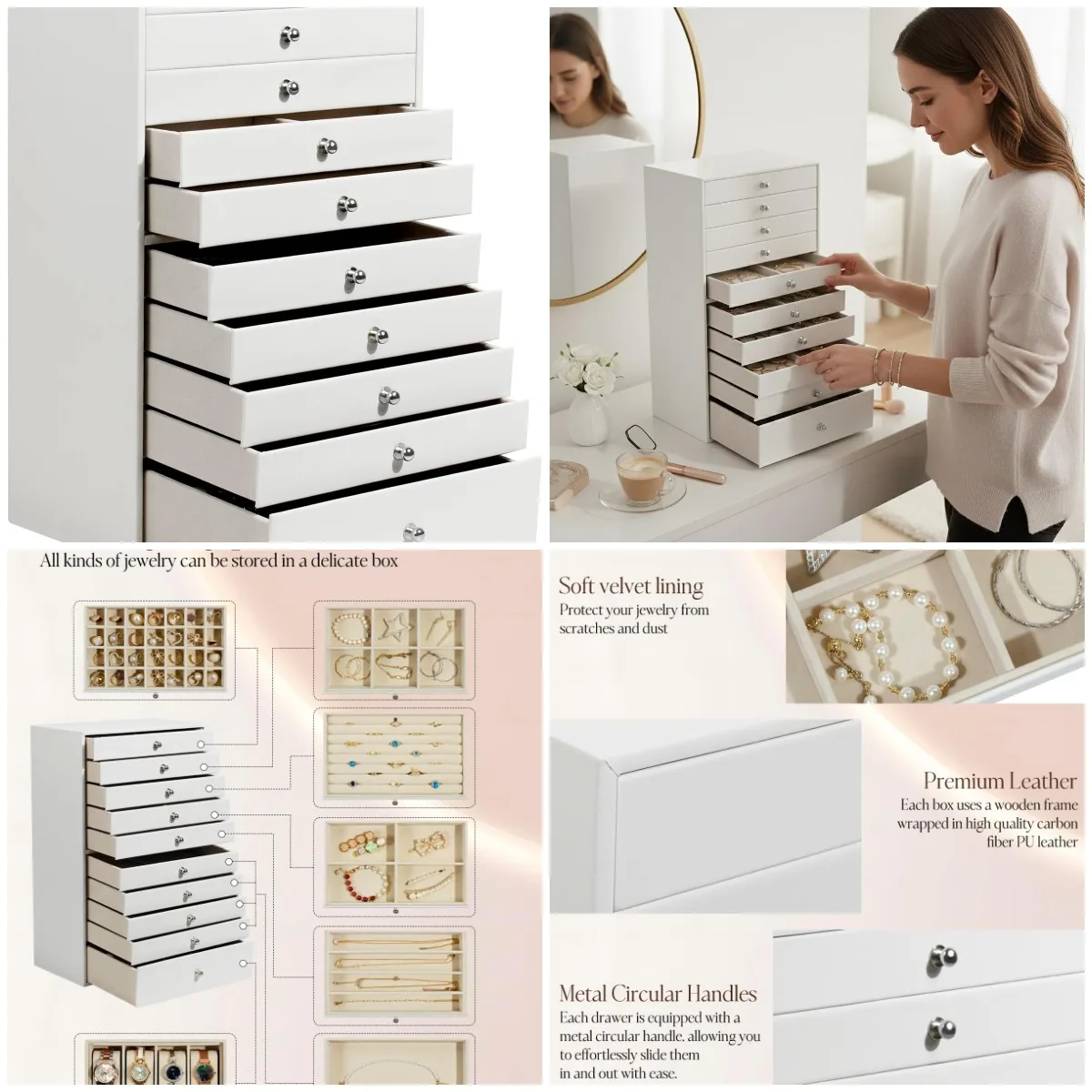 

Large 10-Drawer Jewelry Box, White Storage Organizer for Watch, Earrings, Necklace, Rings, Bracelets – Gift Idea