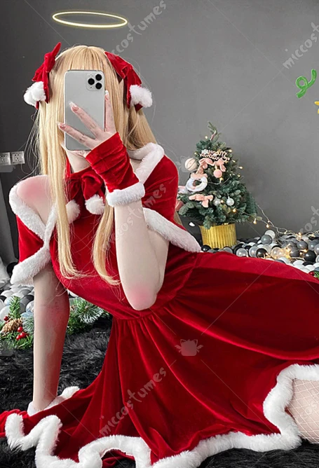 

Miccostumes Women Christmas Halter Dress Plush Maid Style Sweet Homewear Costume Outfit with Shawl