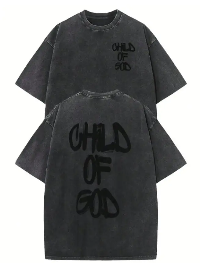 Vintage Acid Wash T Shirt Men Child Of God Graphic Tees Summer Heavyweight 230g Cotton Short Sleeve Graffiti Streetwear High Street Tops