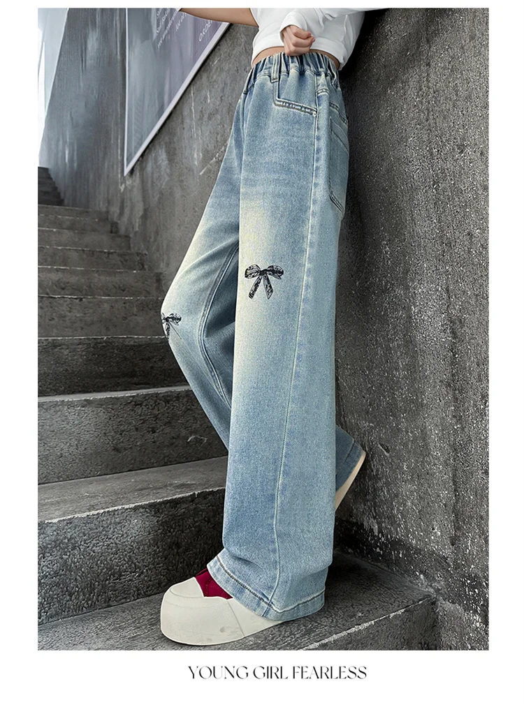 Neue Frühlings- und Herbst-Kinderjeans mit Schleifen für Mädchen, High-Street-Denimhosen mit geradem Schnitt für Teenager, lässige Kinderjeans, Hosen 5-14 Jahre – Detail 3