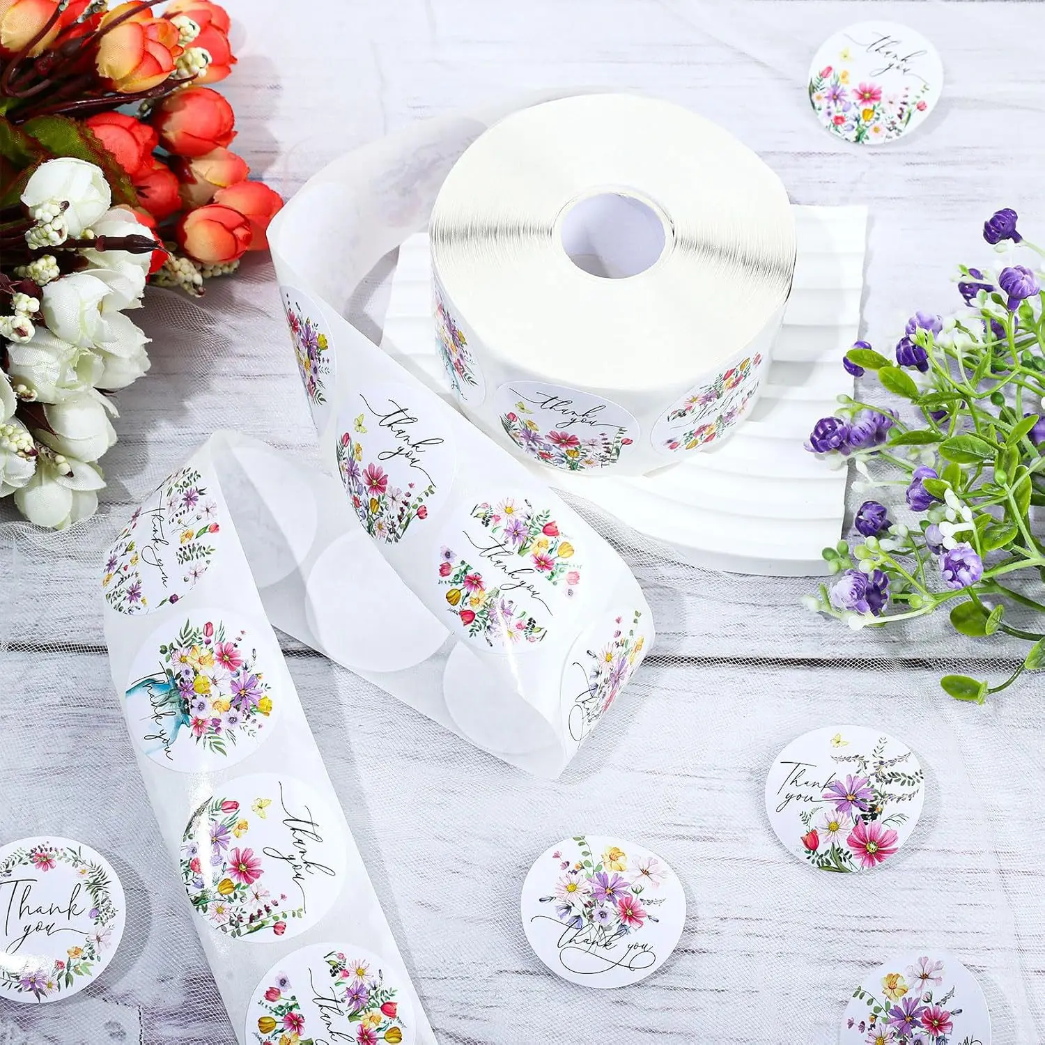500Pcs Wildflower Thank You Stickers Roll Spring Floral Label Decals 8 Designs Colorful Flower Self-Adhesive Round Seal Stickers