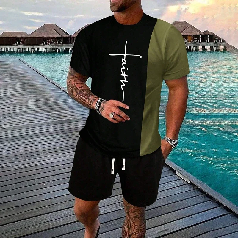 

Funny 3D Jesus Cross Print Men's Short Sleeve Set Casual O-neck T-Shirt +Shorts 2 Piece Outfit Summe Fashion Suit Loose Clothing