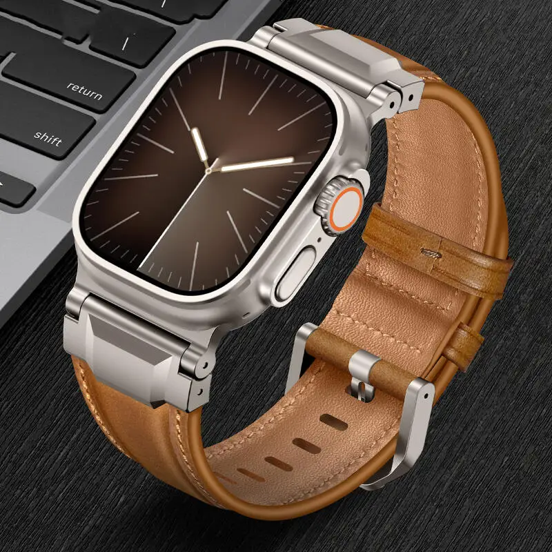 

Кожаный браслет титанового цвета для Apple Watch Ultra 3/2 49 мм 46 мм 45 мм 44 мм Мужской ремешок для iWatch Series 11 10 9 8 7 SE 3 Band