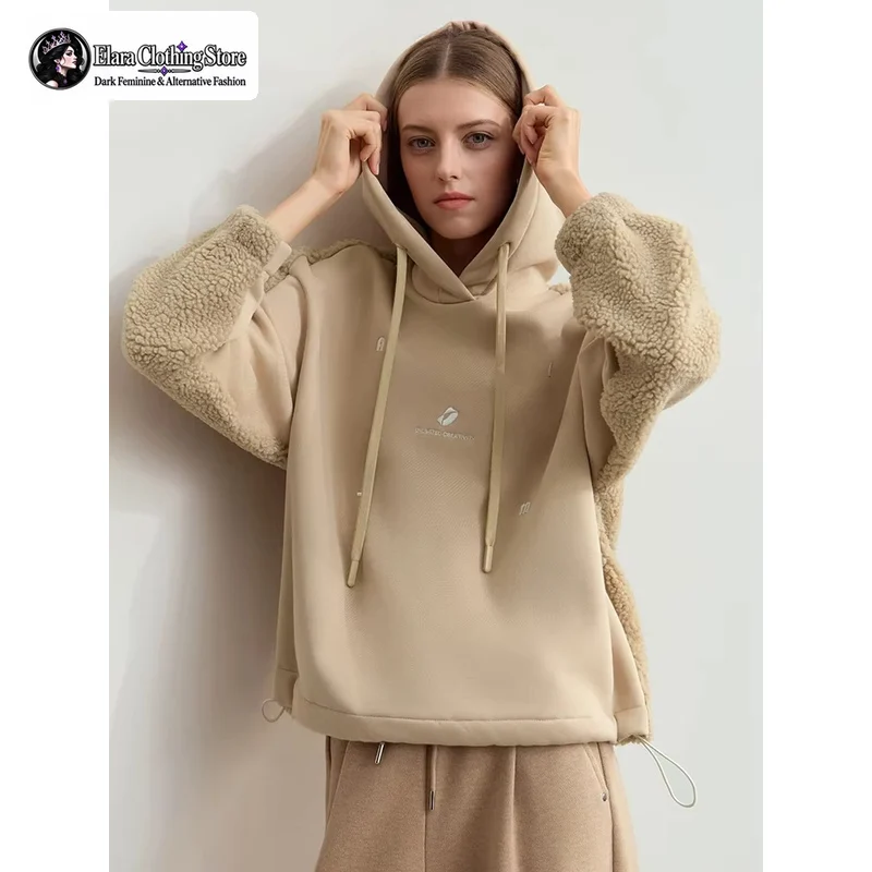 Winter Hooded Jacket with Contrasting Material Splicing Imitation Lambswool Women's Letter Embroidery Fleece-lined Warm Top