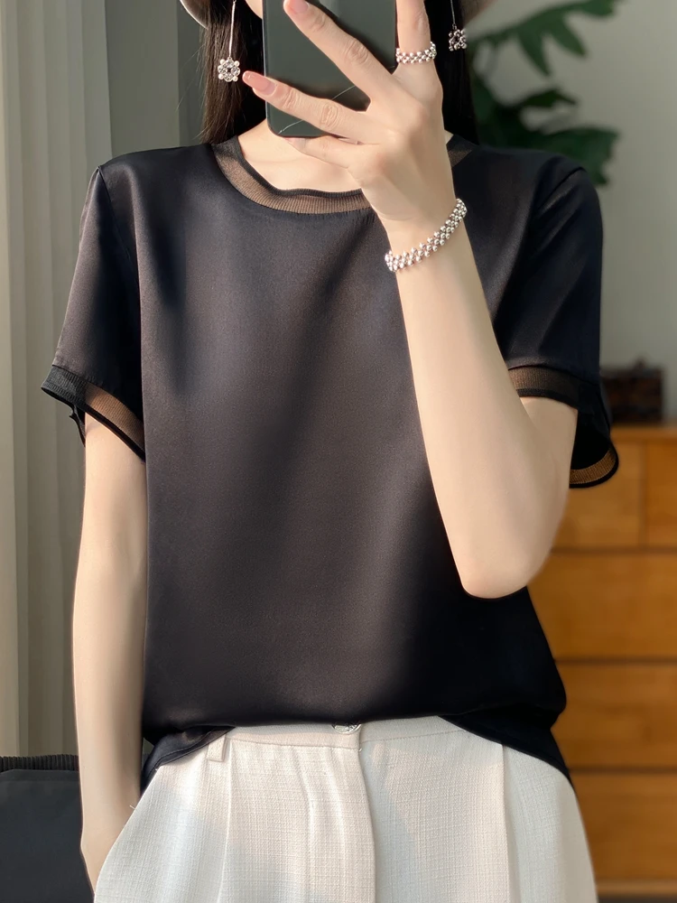 Women's silk Oversized T- Shirt O Neck Casual satin Tees Summer Solid Champagne Loose T-Shirt Fashion New Style Slim Thin StyleT