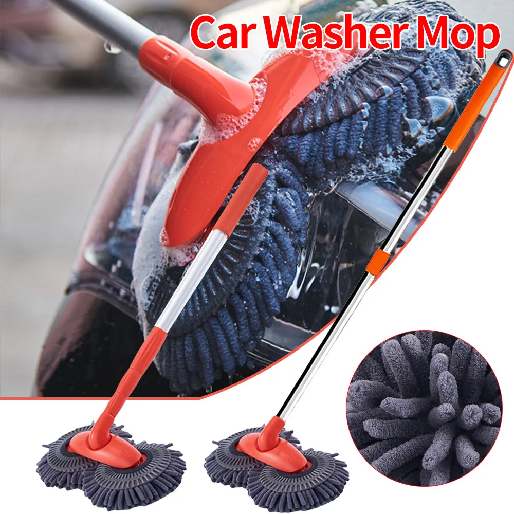 Car Washer Mop Foam Wash Chenille Brush Double Brush Head Roof Window Cleaning Maintenance Three-Section Telescopic Mop