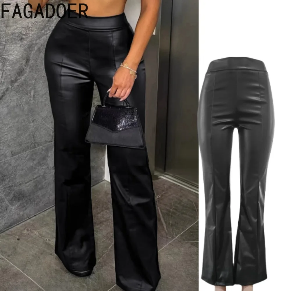 

FAGADOER Fashion Vintage Leather Pants Women Black Bodycon High Waist Flared Pants Trousers Fashion Female Streetwear Bottoms