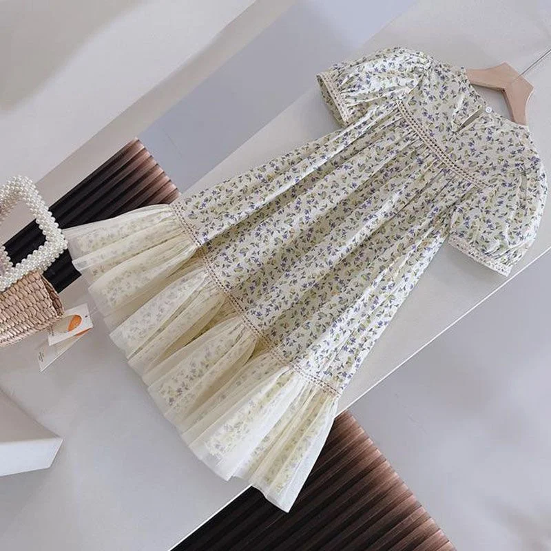 Girls' Floral Print Dress Summer 2026 New Medium-Large Child Gown Teenager Bubble Sleeve Lace-Panel Princess Vestidos 4-14Y