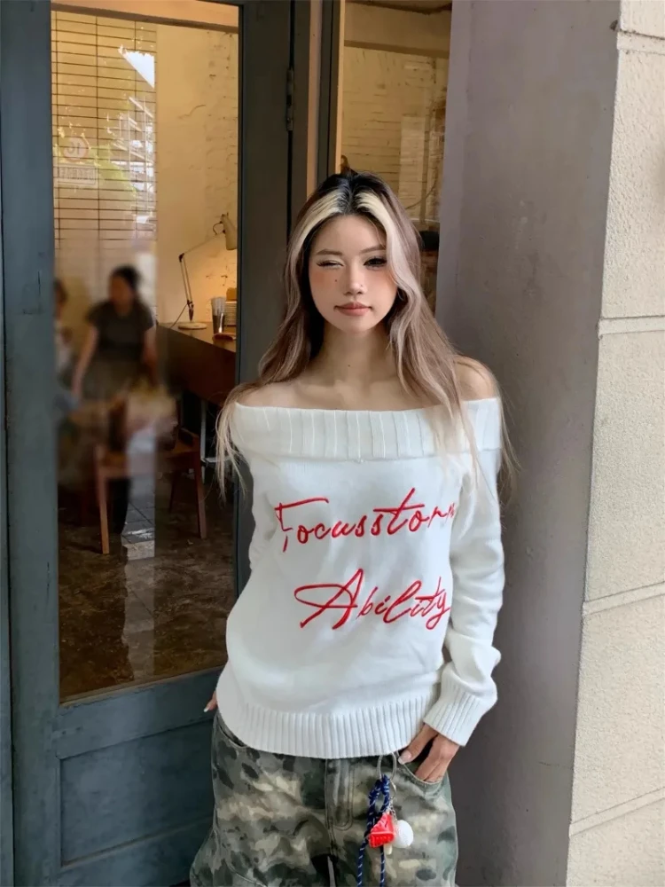 

Spicy Girl Slash Neck Letter Print Pullover 2025 Autumn Winter Slim Long Sleeve Knitted Tops Vintage Versatile Sweater