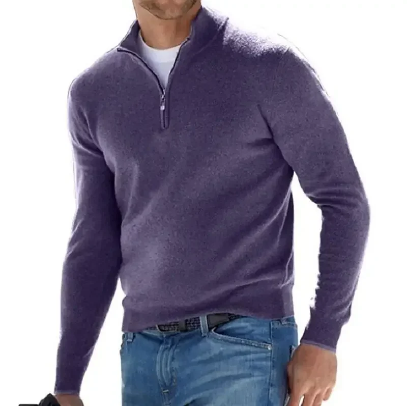 New Fall Long-sleeved V-neck Fleece Zip Men's Casual Sweater Top Polo Shirt Solid Color Elastic Slim Warm Sweater