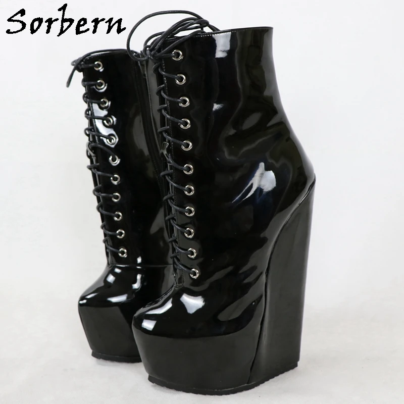 Sorbern 20Cm Hard To Walk Ankle Boots Women Narrow Soles Wedges Lace Up Short Booties Drag Queen Fetish Boot Women Custom Color