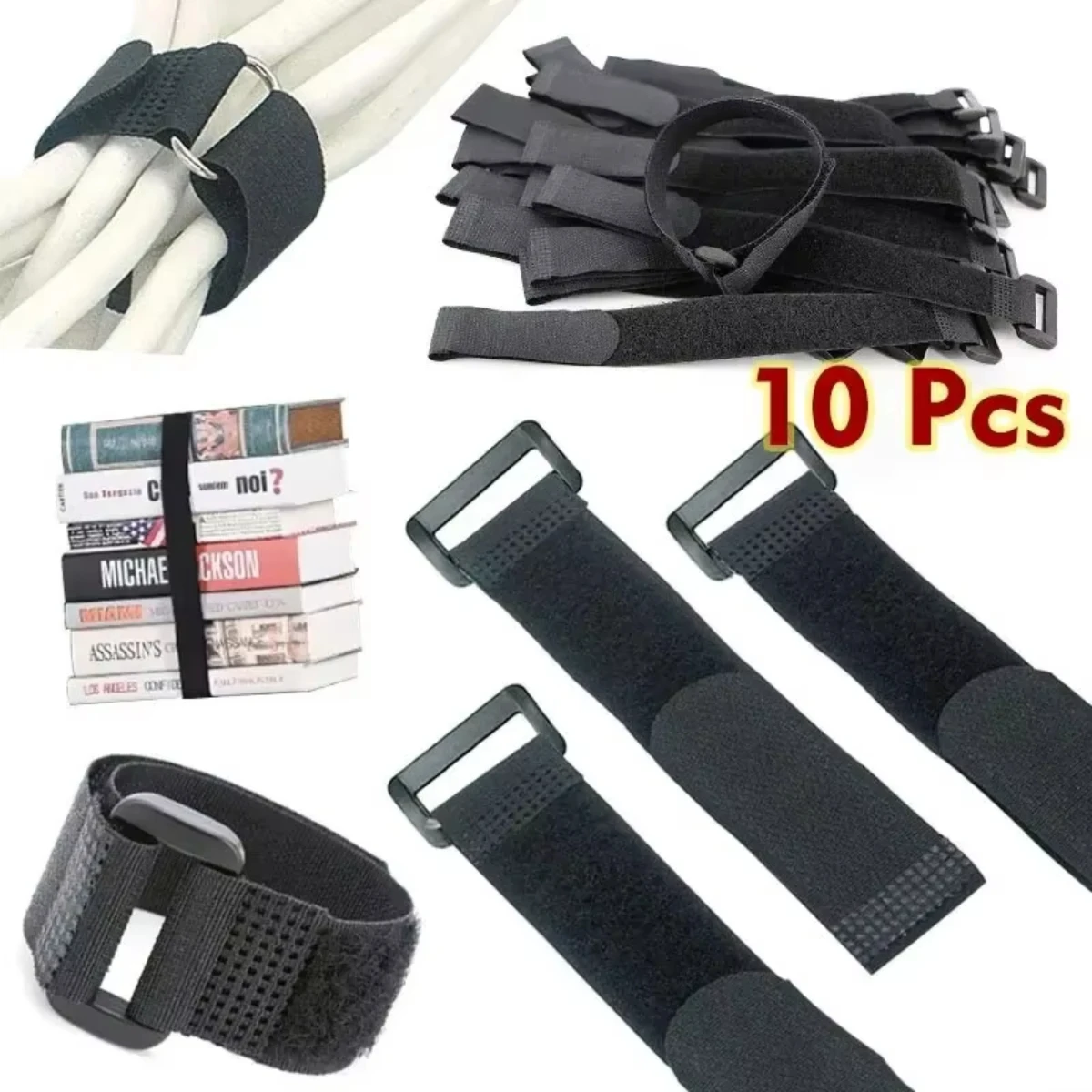 Schwarze Kabelbinder, Breite 20 mm, Nylon, wiederverwendbar, selbstklebend, mit Klettverschluss, verstellbare Kabelbinder.