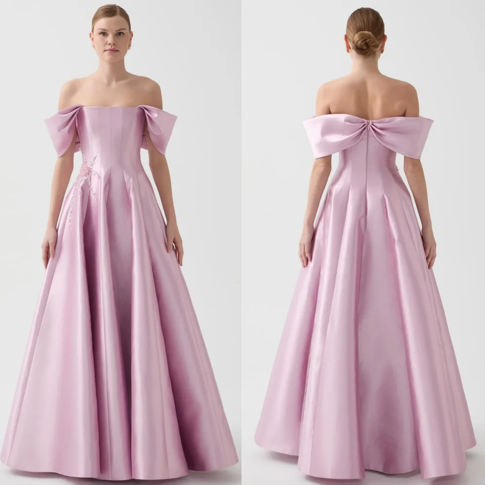 

Customized Sparkle Pastrol Charmeuse Pleat A-line Off-the-shoulder Long Dresses Bespoke Occasion Casual