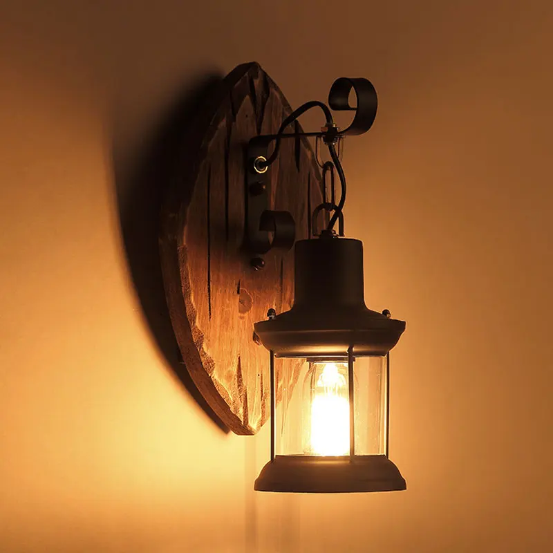 Loft Industrial Restaurant Wall Lamp Wood Vintage Light Bedside Bedroom Cafe Aisle Corridor Glass Wall Light Wood Lamp