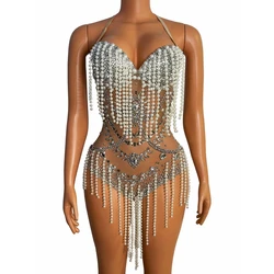 Sparkly Silver Rhinestones Pearls Fringes Bodysuit Sexy See Through Performance Show Leotard Birthday Outfit Party Dance Costume