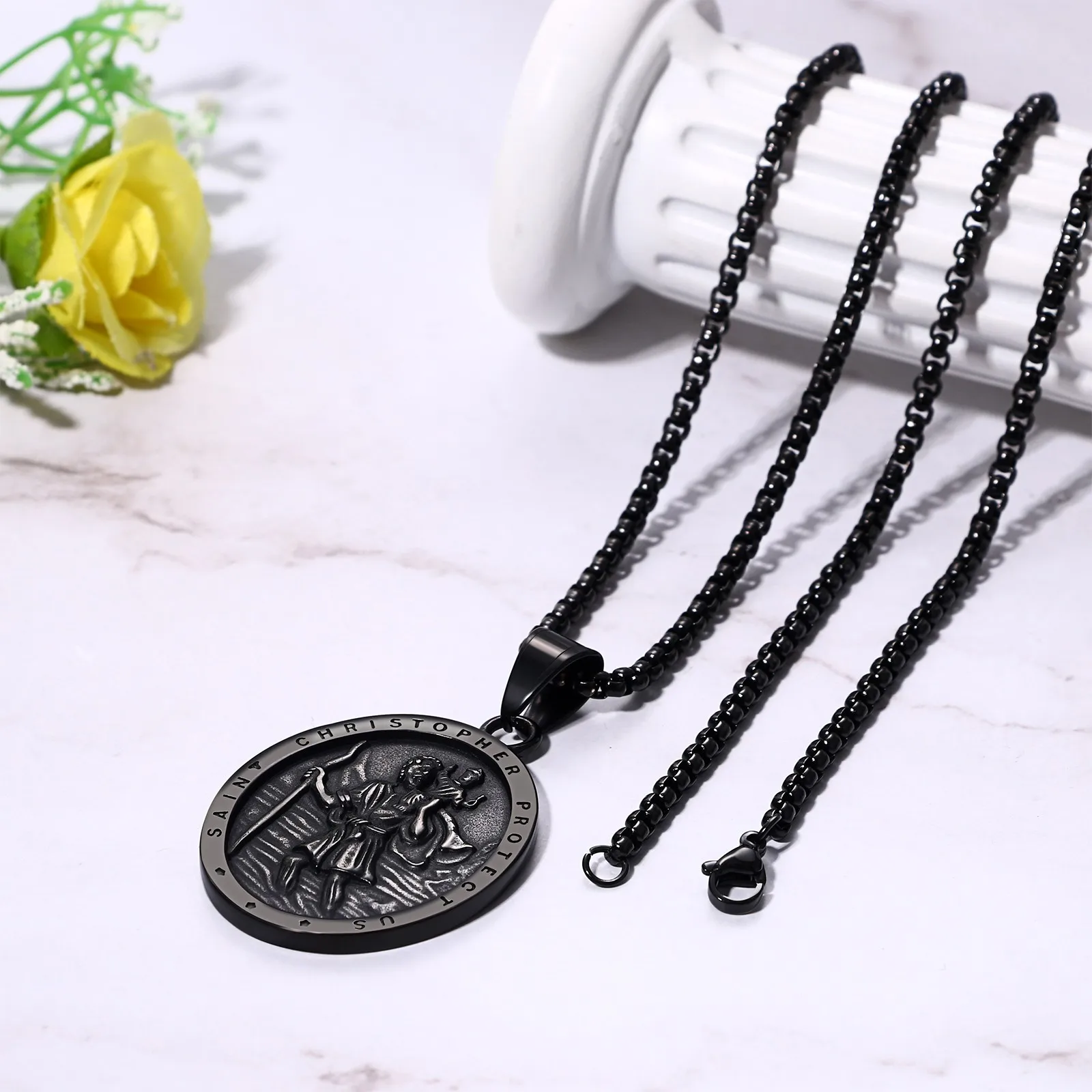 Saint Christopher Medal Necklace for Men Vintage Oval Stainless Steel Pendant St Christopher Catholic Traveler Amulet Gift - view 5