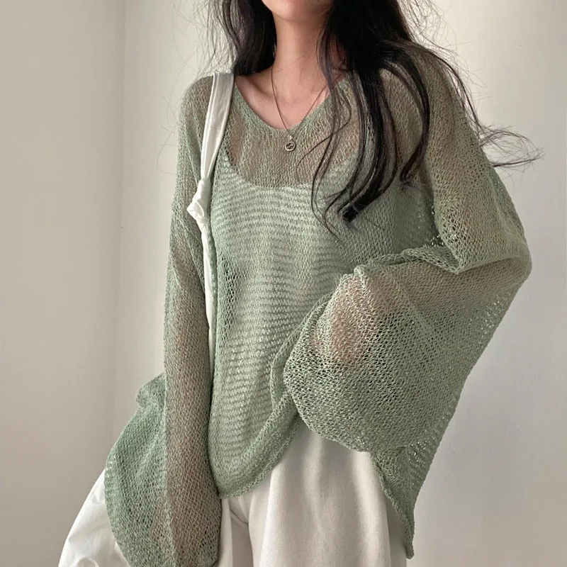 Korean Fashion Solid Color Summer French Vintage Loose Round Neck Long Sleeved Hollow Thin Style Knitting Smock All-match Tops