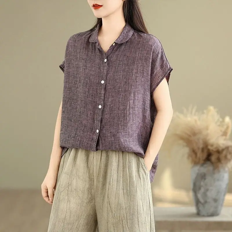 Women's Purple Short Sleeve Button-front Linen Blouse Loose Casual Top