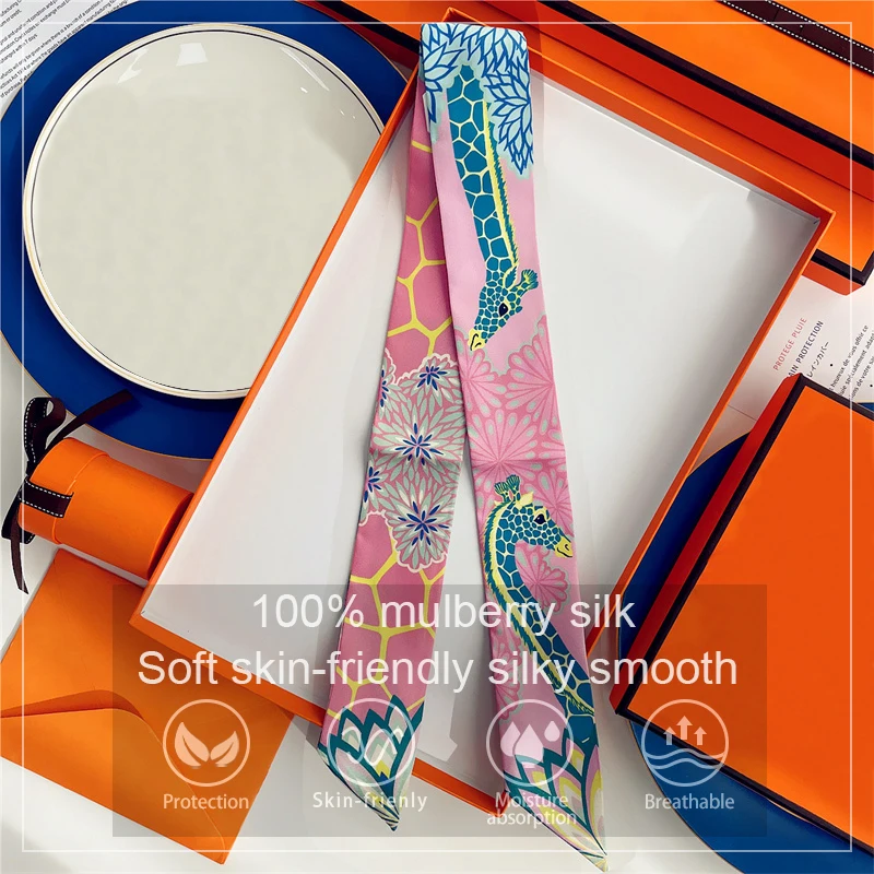 

Long Mulberry Silk Scarf Bag Tie Lady Neck Skinny Scarves Hairband Foulard Giraffe Print Brand Lady Neckerchief Ribbon
