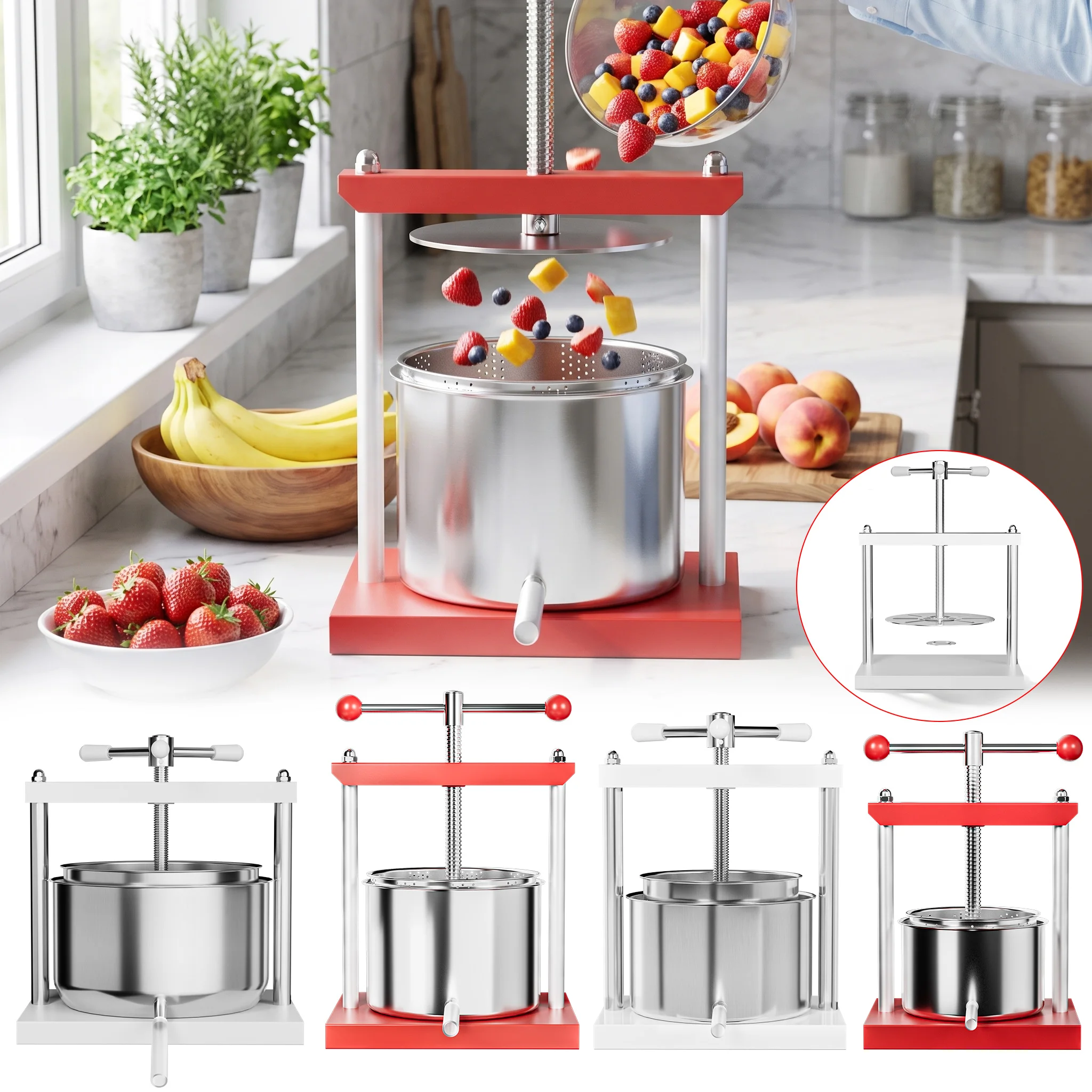 Pressa manuale in acciaio per vino e frutta, capacità 3L/5L/6L/12L, pressa in acciaio inossidabile per sidro di mele, spremiagrumi manuale con manico a T/manico triplo, ideale per uva, bacche, olio