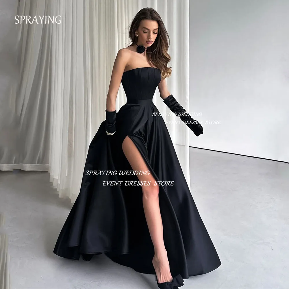 

SPRAYING Black Satin A line Elegant Evening Dress Dubai Arabia Strapless Floor Length Formal Occasion Party Dress Customized
