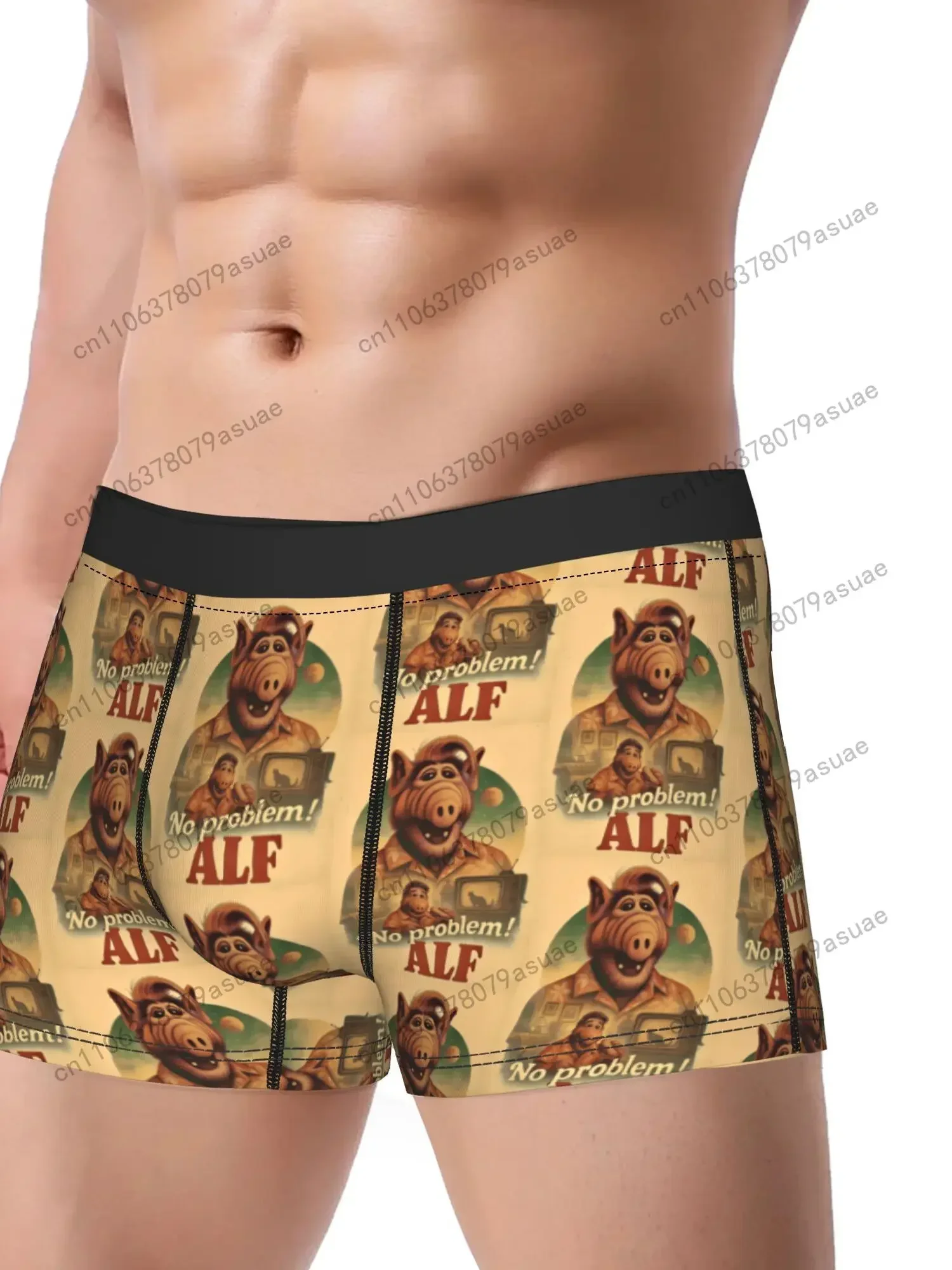 Men's Funny Alf TV Show Inspired Boxer Briefs - Retro 80s Cartoon Underwear with Alf Character Print Comfortable Mid-St Black