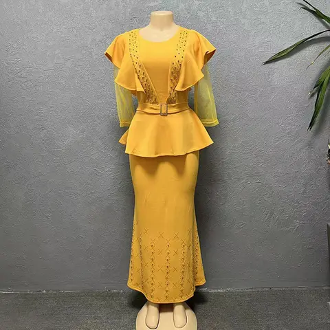 Sexiga pärlmönster eleganta kvällsklänningar för kvinnor nät lapptäcke toppar hög midja kjol 2-delade set klänningar ankara turkiskt kläder 8 best sales kvinnor Ankara modeklänning - №1