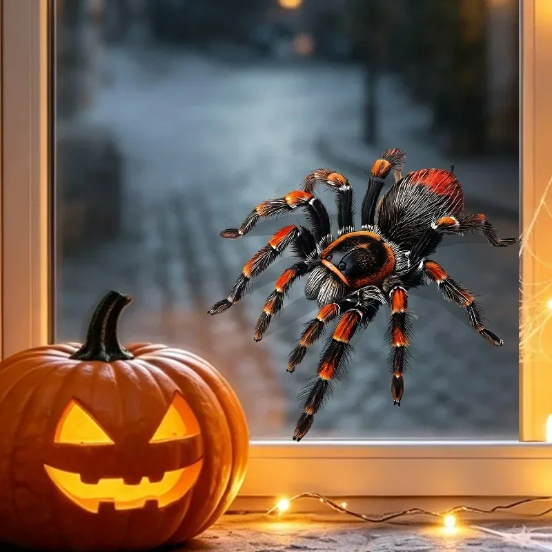 5Pcs Thriller Simulation Orange Red-footed Tarantula Brown-haired Spider Pattern Static Window Sticker Halloween Decoration