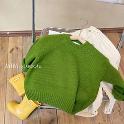 Childrens Sweater 2024 Autumn New Boys Girls Solid Color Long Sleeve Knitted Baby Green Versatile Loose Thick Sweater