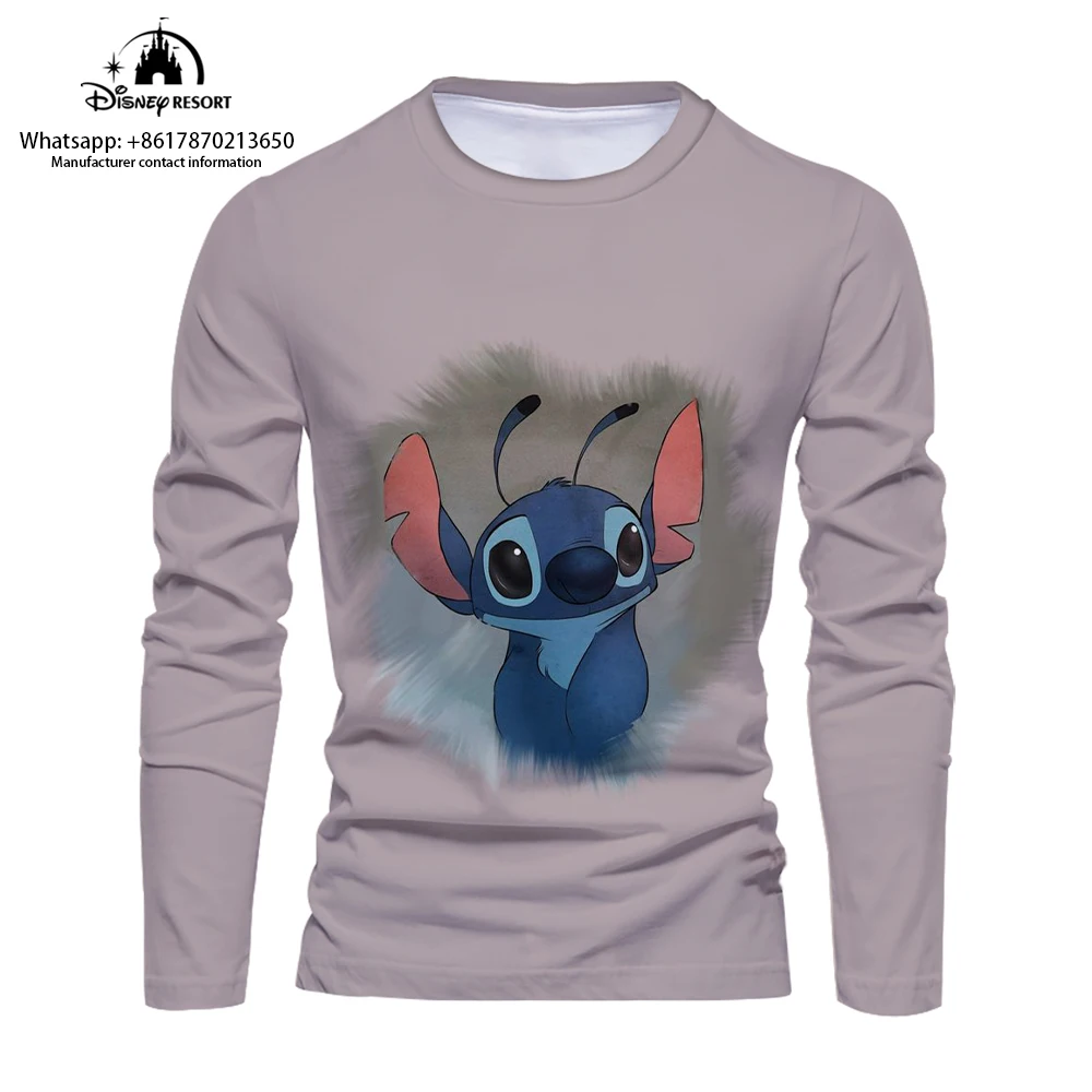 Fashion casual men's long-sleeved T-shirt bottoming shirt Stitch cartoon 3D comfortable men's long-sleeved T-shirt 2024 new