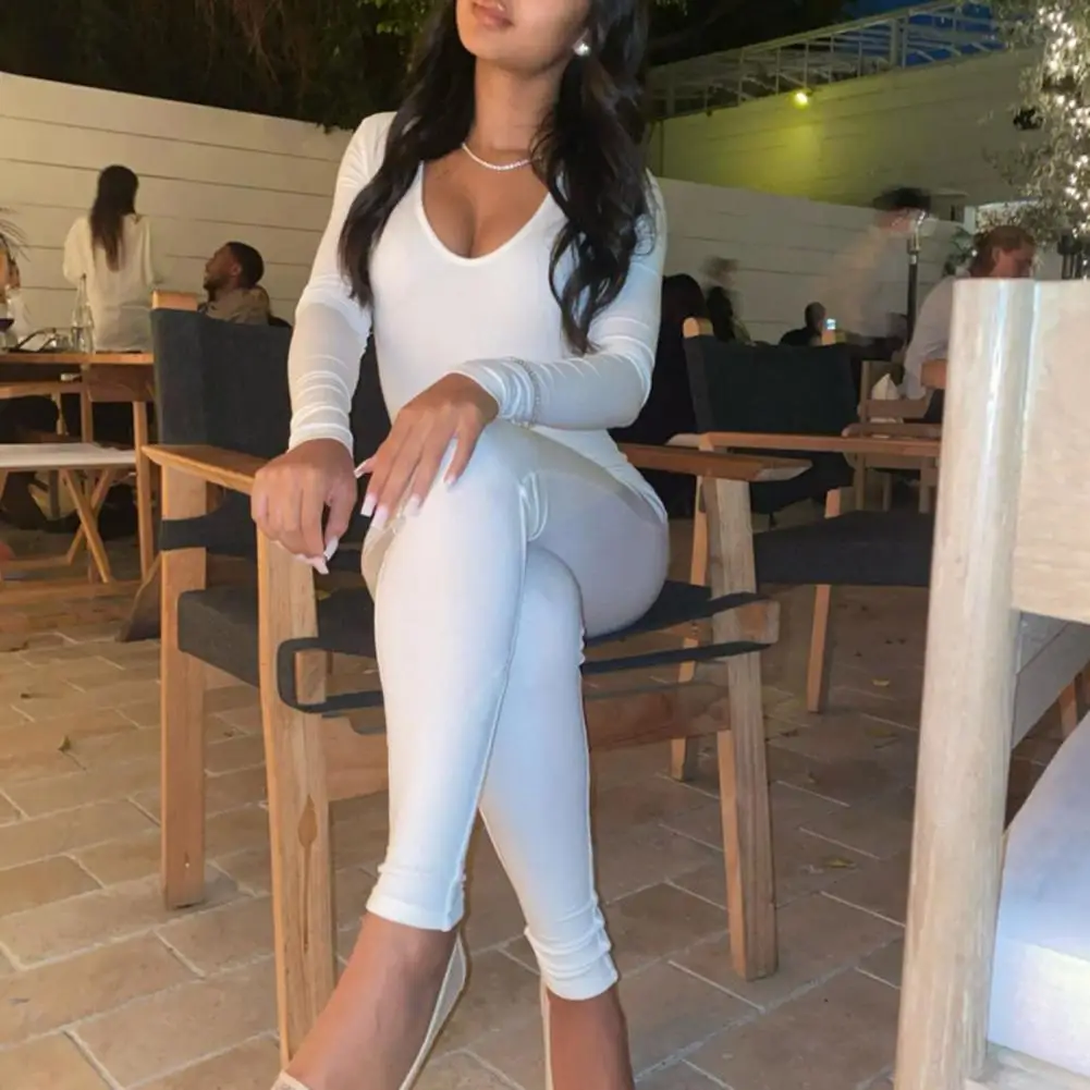 Long Sleeve Jumpsuit Round Neck Butt-lifted Yoga Jumpsuit for Women Compression Skinny Solid Color Long Sleeves for Active